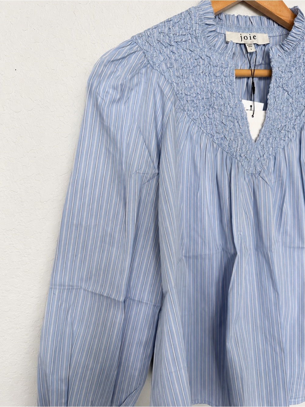 NWT Joie Blue Pinstripe Smocked V-Neck Blouse - Picture 3 of 6